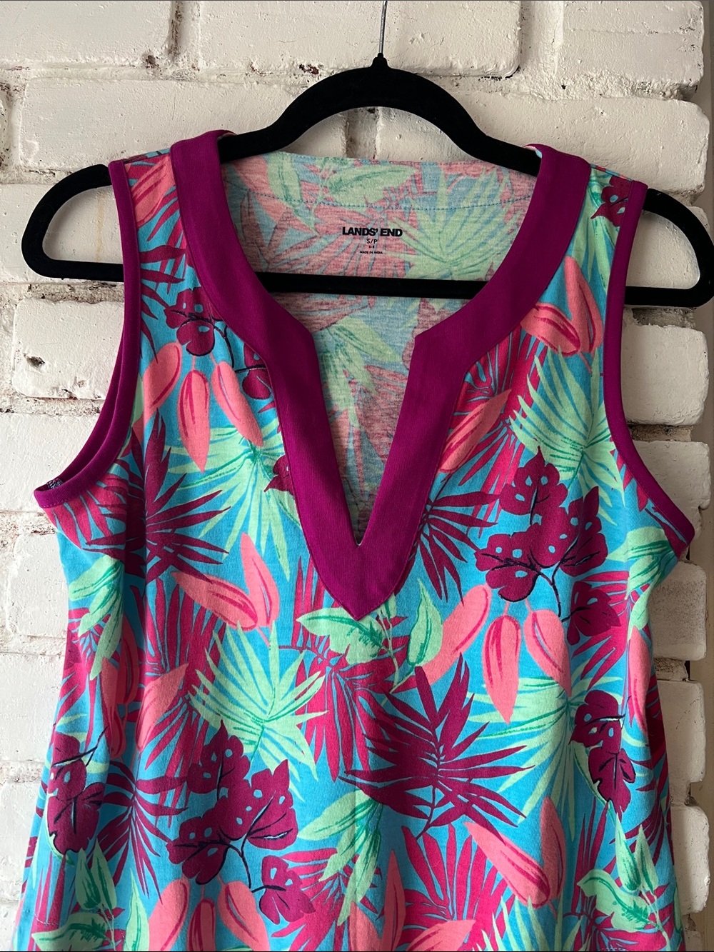 Lands' End Sleeveless Tropical Shift Dress in Pink & Aqua with pockets - Picture 2 of 4